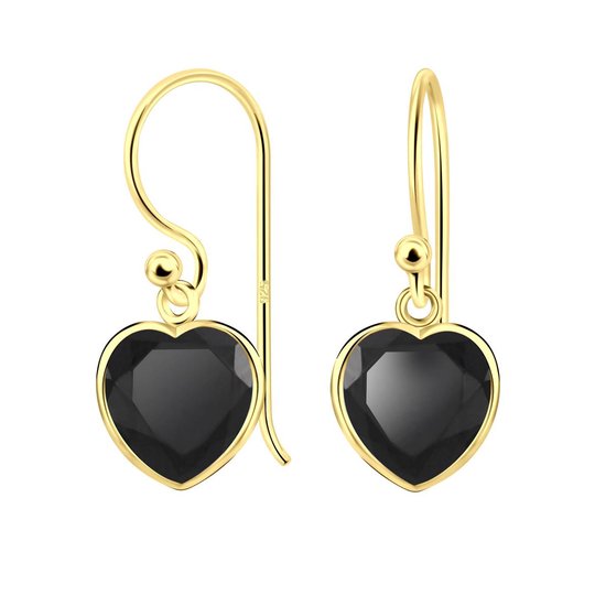 Joy|S - Zilveren hart oorbellen - zirkonia 8 mm zwart - goudplating