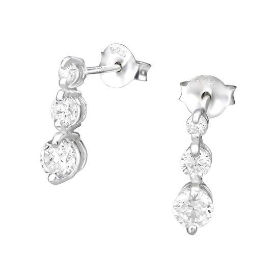 Joy|S - Zilveren zirkonia oorbellen 13 mm - 3 zirkonia's - bar / staaf