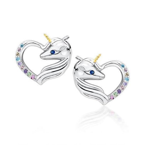 Joy|S - Zilveren eenhoorn oorbellen hart 11 x 12 mm unicorn zirkonia multicolor - gehodineerd