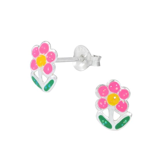 Joy|S - Zilveren bloem oorbellen roze met glitter