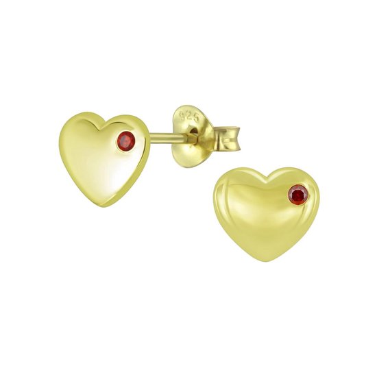 Joy|S - Zilveren hartje oorbellen - 8 mm -  zirkonia rood - goudplating