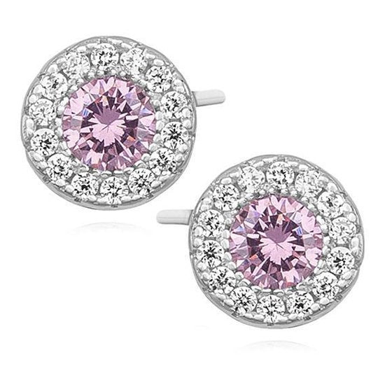 Joy|S - Zilveren elegante oorknoppen - 7 mm - rond met zirkonia roze