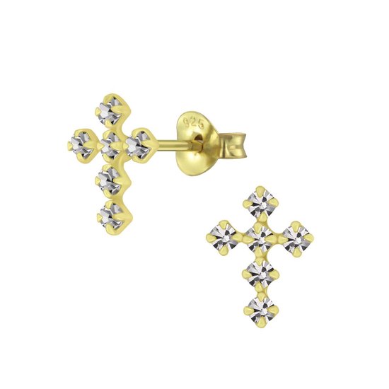 Joy|S - Zilveren kruis oorbellen 7 x 10 mm black diamond kristal - goudplating
