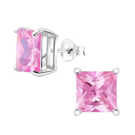 Joy|S - Zilveren vierkant oorbellen - 8 mm - zirkonia roze