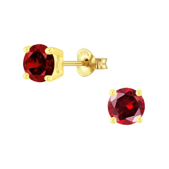 Joy|S - Zilveren oorbellen - rond - zirkonia rood - goudplating - 6 mm