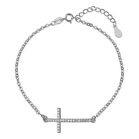 Joy|S - Zilveren kruis armband met zirkonia's - gehodineerd