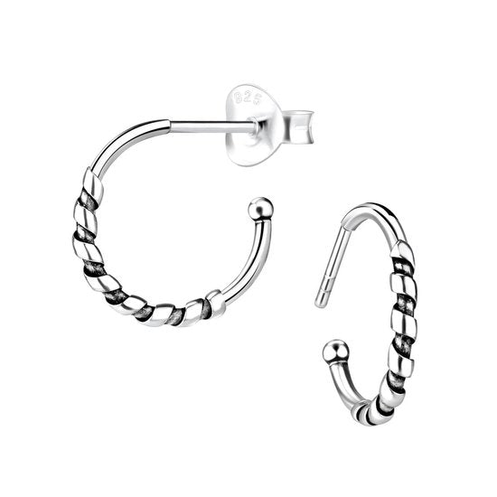 Joy|S - Zilveren Bali oorringen stud - twisted - 14 mm - geoxideerd