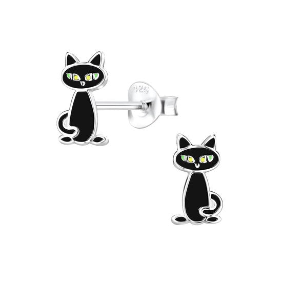 Joy|S - Zilveren kat oorbellen - 6 x 10 mm - zwart