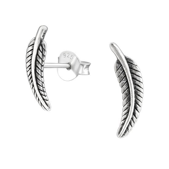 Joy|S - Zilveren veer oorbellen 4 x 13 mm Bali geoxideerd
