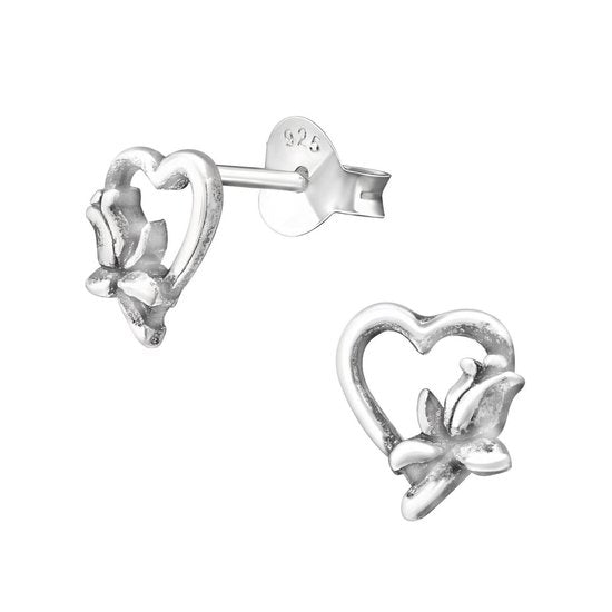 Joy|S - Zilveren hartje met bloem oorbellen 6 x 7 mm geoxideerd