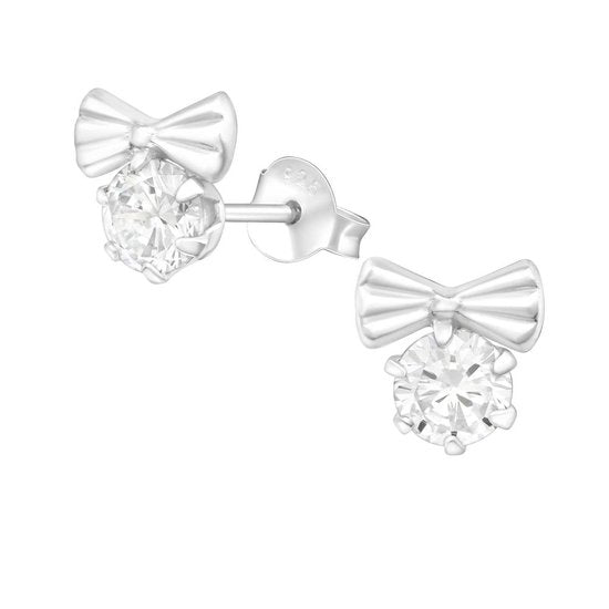 Joy|S - Zilveren strikjes oorbellen - 10 x 9 mm - met rond kristal