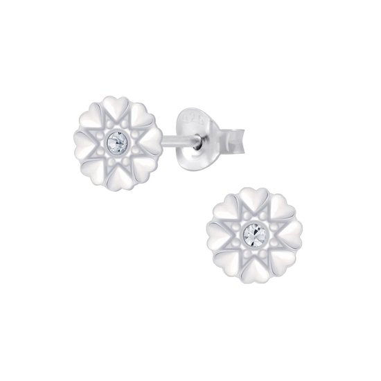 Joy|S - Zilveren hartjes bloem oorbellen - 7 mm - kristal