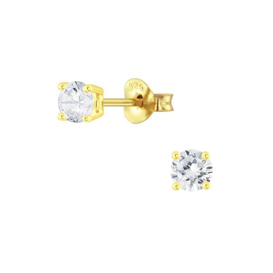 Joy|S - Zilveren rond oorbellen - 4 mm - zirkonia - goudplating
