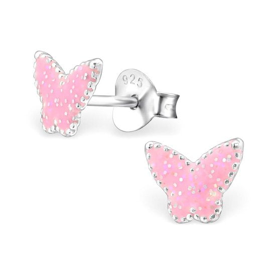 Joy|S - Zilveren vlinder - roze met glitter oorbellen - Sterling zilver 925
