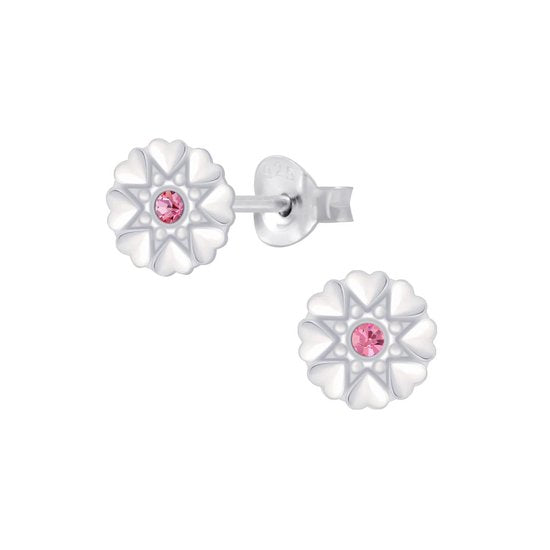 Joy|S - Zilveren hartjes bloem oorbellen - 7 mm - roze kristal