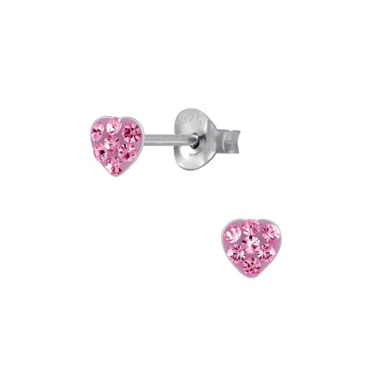 Joy|S - Zilveren petit hartje kinderoorbellen - 4 mm - roze kristal