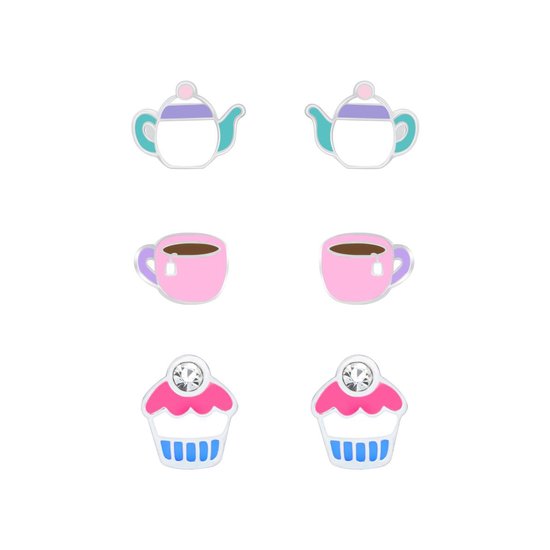 Joy|S - Zilveren oorbellen set - 3 paar - tea time - theepot - theekopje - cupcake