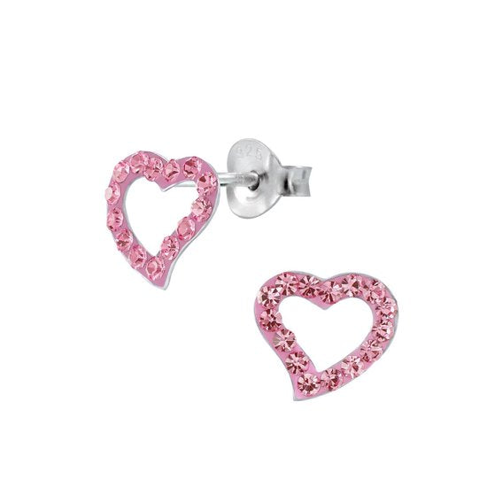 Joy|S - Zilveren hart oorbellen 11 x 10 mm roze kristal