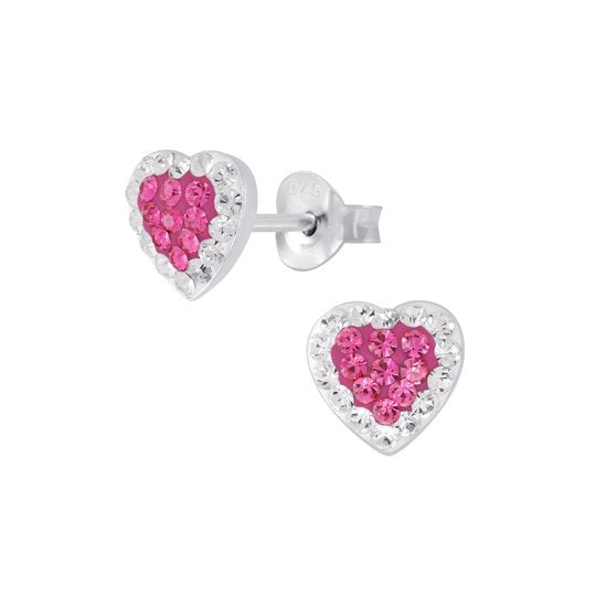 Joy|S - Zilveren hartje oorbellen - 9 x 8 mm - roze met wit kristal
