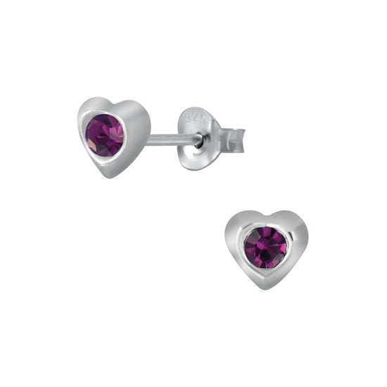 Joy|S - Zilveren mini hartjes oorbellen - 3 mm - paars kristal voor kinderen