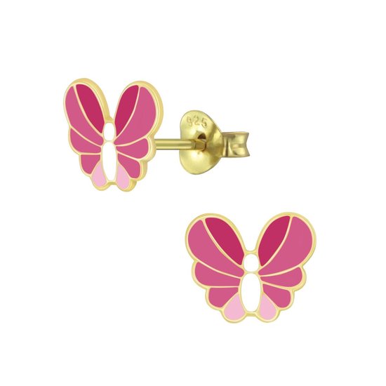 Joy|S - Zilveren vlinder oorbellen - 8 x 7 mm - roze wit - goudplating