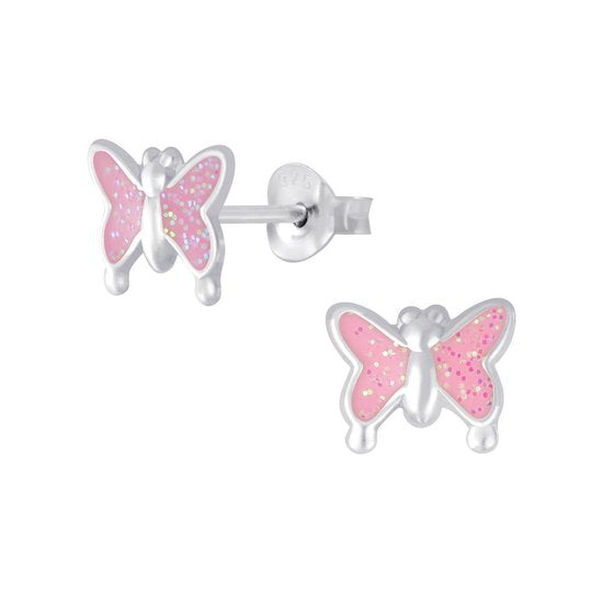 Joy|S - Zilveren vlinder oorbellen - roze met glitter