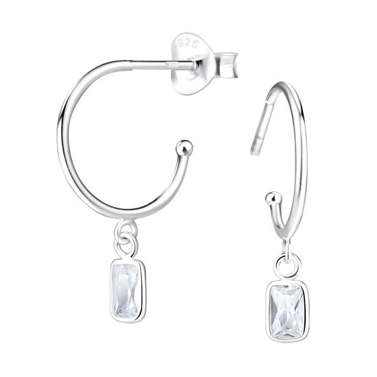 Joy|S - Zilveren oorringen stud - baguette bedel - zirkonia - oorbellen