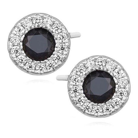 Joy|S - Zilveren elegante oorknoppen 7 mm rond met zirkonia zwart