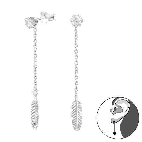Joy|S - Zilveren ear jackets oorbellen veer met kettinkje 4 x 43 mm zirkonia
