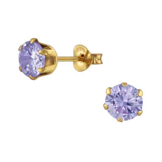 Joy|S - Zilveren oorknoppen - rond - zirkonia - lavendel - goudplating - 6 mm