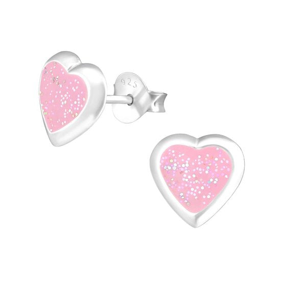 Joy|S - Zilveren hartje oorbellen - 8 mm - roze met glitter