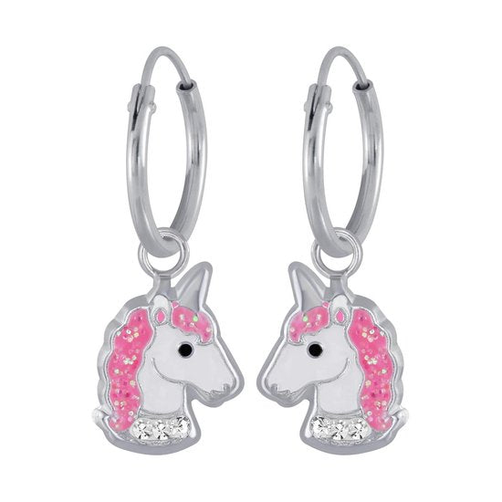 Joy|S - Zilveren eenhoorn oorbellen - unicorn oorringen - wit roze