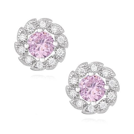 Joy|S - Zilveren rond oorbellen - 8.5 mm - fantasie bloem - zirkonia roze - gehodineerd