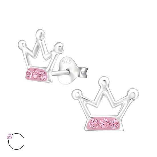 Joy|S - Zilveren kroontje oorbellen - 10 x 8 mm - met roze kristal