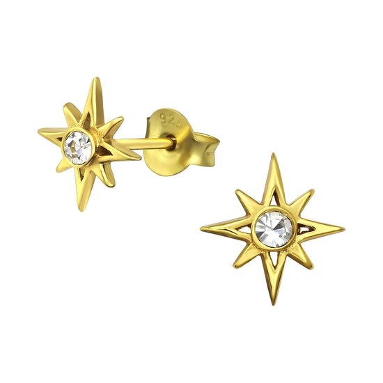 Joy|S - Zilveren ster oorbellen 9 mm kristal goudplating