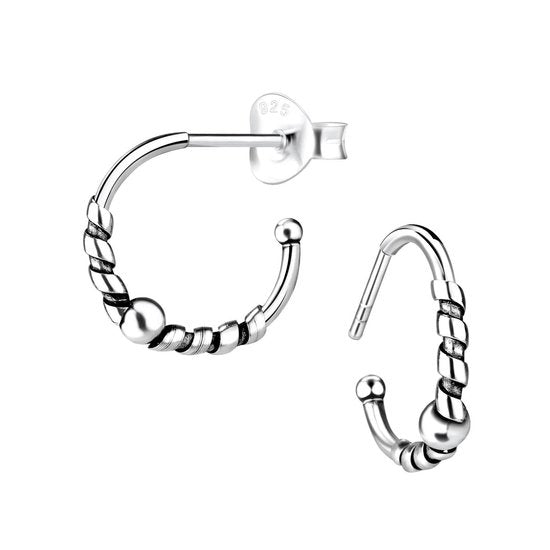 Joy|S - Zilveren Bali oorringen stud - twist met bal - 14 mm - geoxideerd
