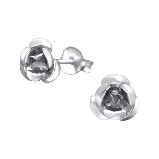 Joy|S - Zilveren roos oorbellen - 8 mm - roosje met aluminium blaadjes
