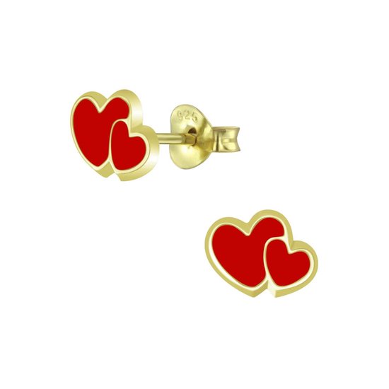 Joy|S - Zilveren hartjes oorbellen - rood - dubbele hartje - goudplating