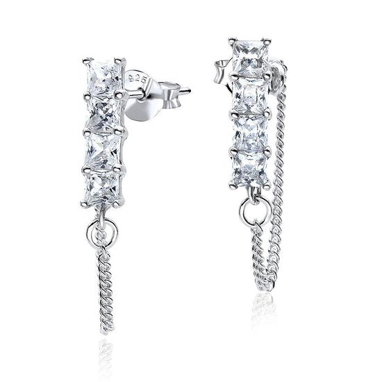 Joy|S - Zilveren square classic kristal oorbellen met kettinkje