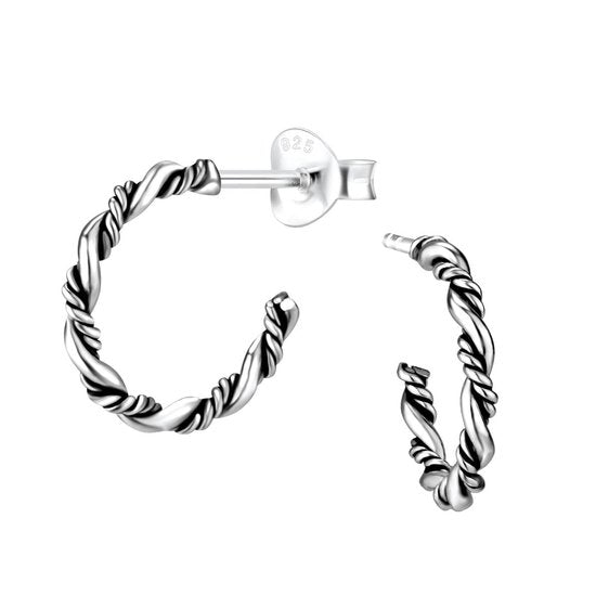 Joy|S - Zilveren Bali stud oorringen - 14 mm - geoxideerd twist