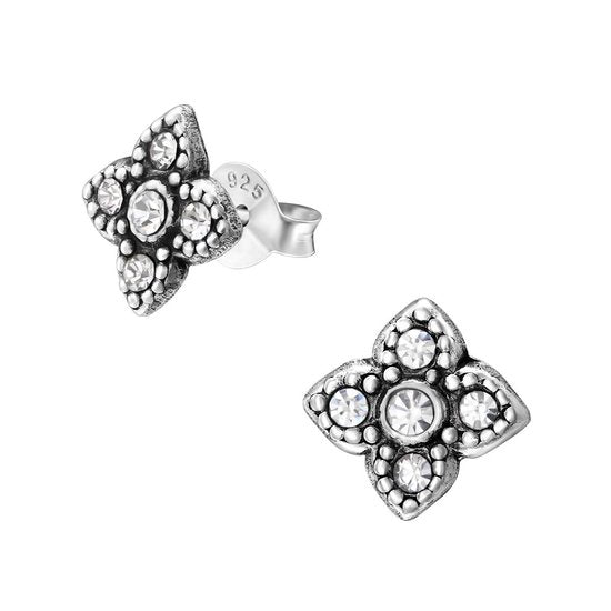 Joy|S - Zilveren Bali bloem oorbellen 9 mm kristal
