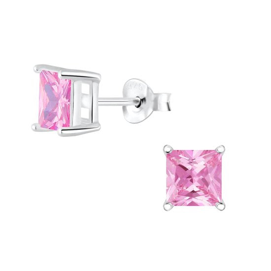 Joy|S - Zilveren vierkant oorbellen - 6 mm - zirkonia - roze