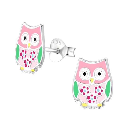 Joy|S - Zilveren uil oorbellen - 8 x 9 mm - roze met bloemetjes