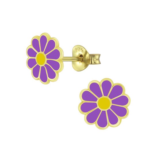 Joy|S - Zilveren madelief bloem oorbellen - 8 mm - paars - goudplating
