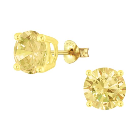 Joy|S - Zilveren oorbellen - rond - zirkonia champagne geel - goudplating - 8 mm