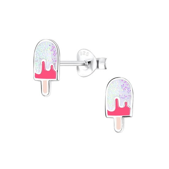 Joy|S - Zilveren ijsje oorbellen - ijslollie glitter wit roze