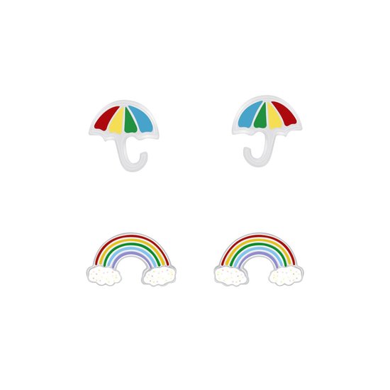 Joy|S - Zilveren oorbellen set 2 paar - regenboog - paraplu