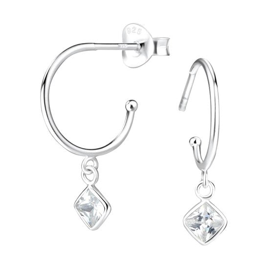 Joy|S - Zilveren oorringen stud - 4 mm ruit bedel - zirkonia - oorbellen