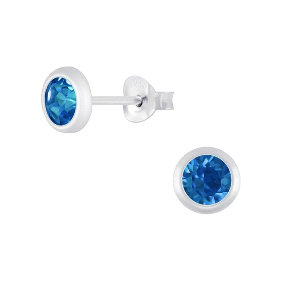 Joy|S - Zilveren rond oorknoppen - 5.5 mm - kristal blauw