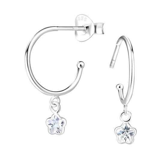 Joy|S - Zilveren oorringen stud - 4 mm bloem bedel - zirkonia - oorbellen